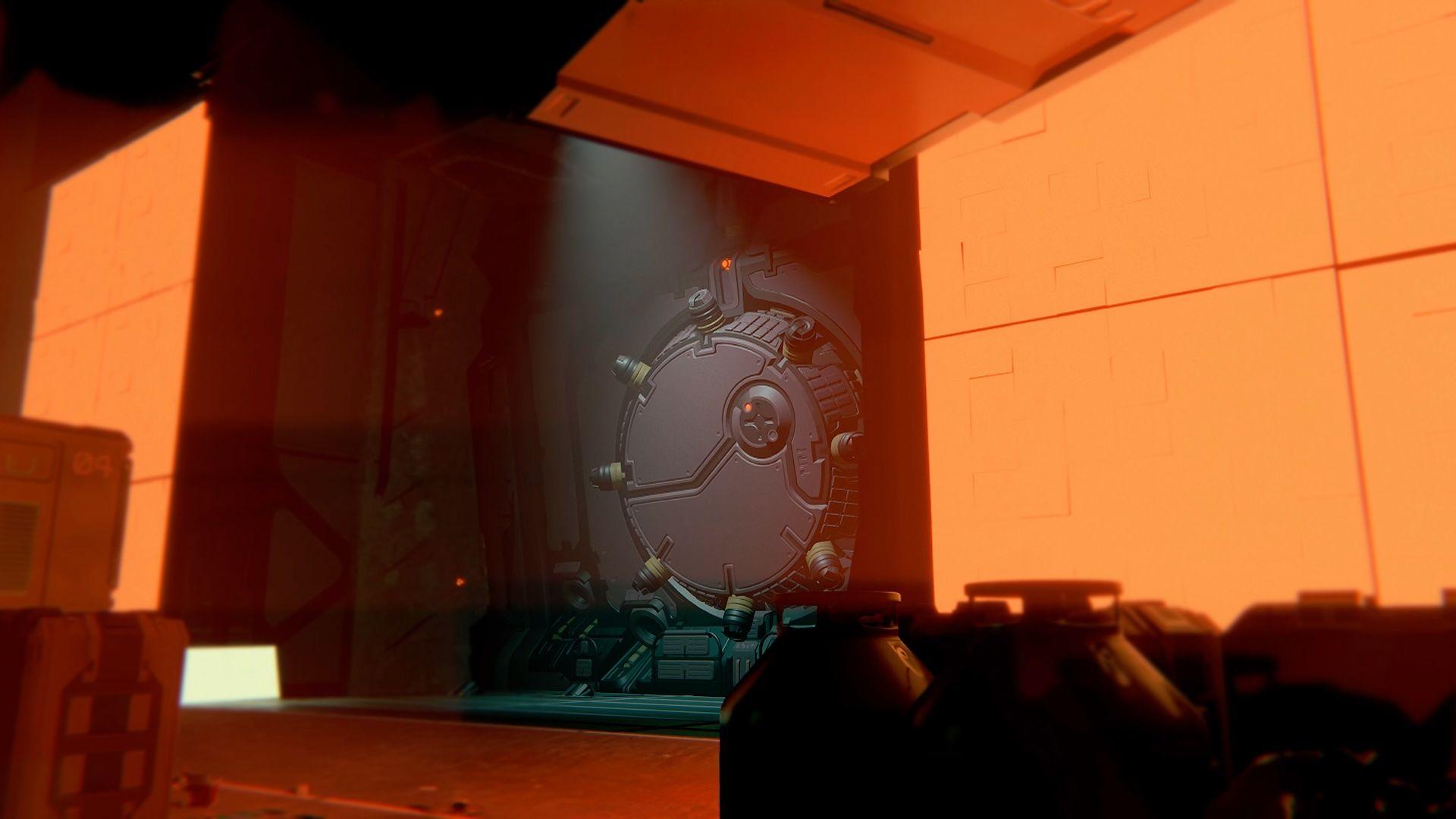 panels with orange light beeming from them around a round door