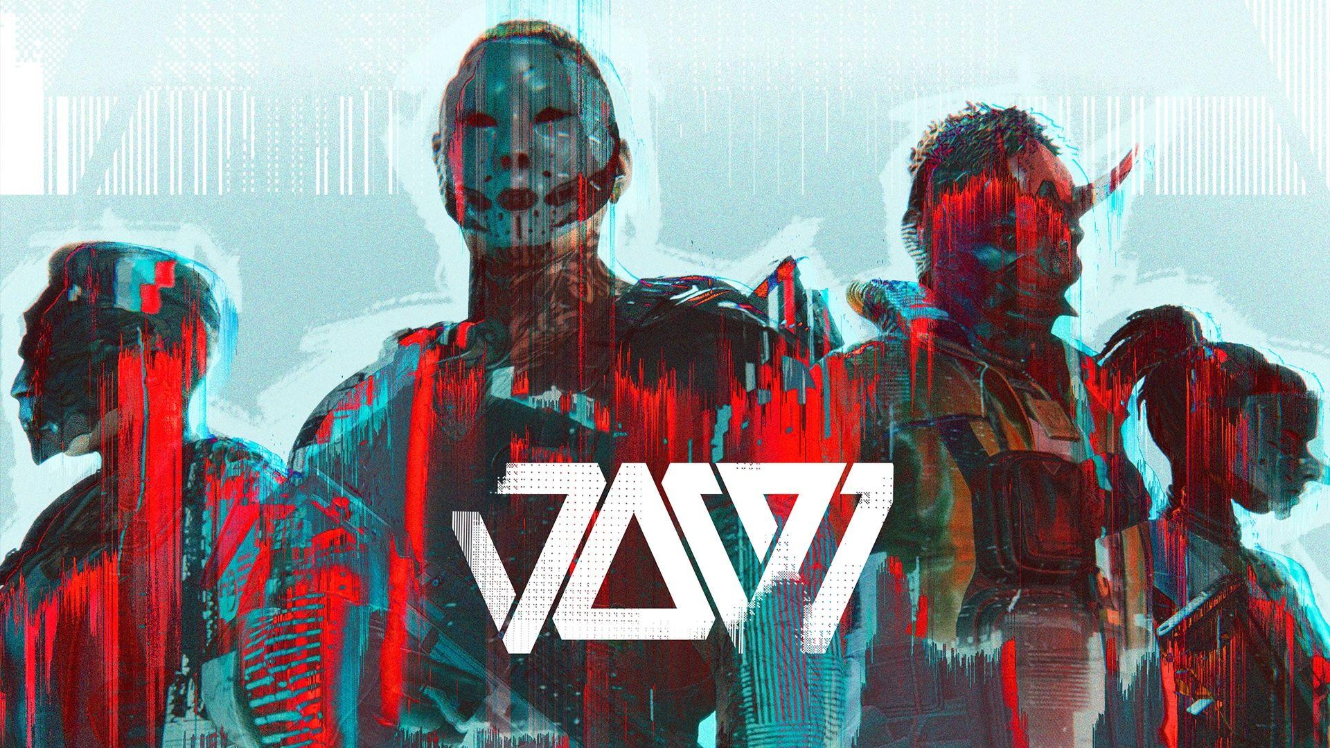 Four characters standing together width glitchy foreground and background