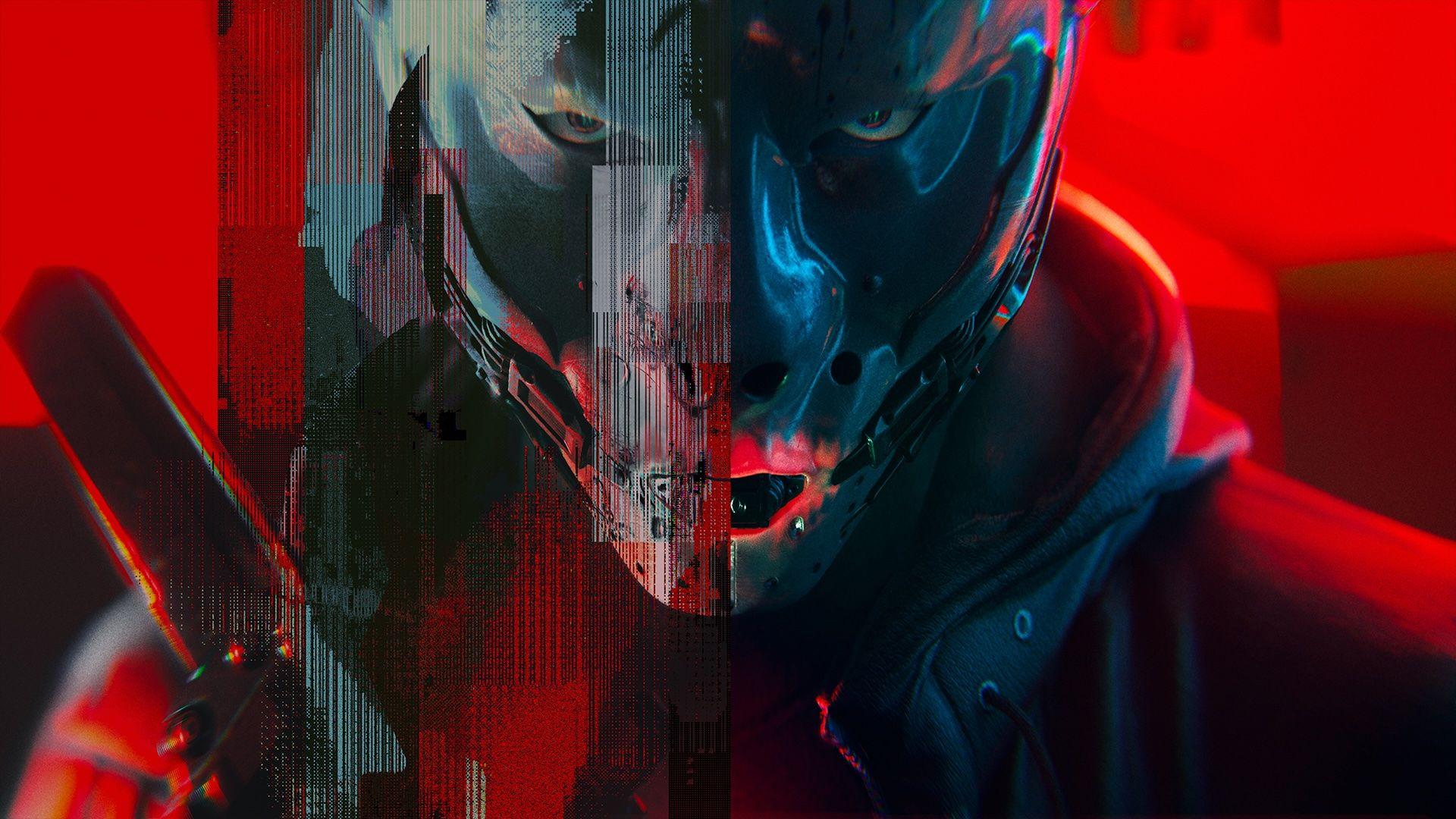 a red background with a character wearing a mask looking at the camera