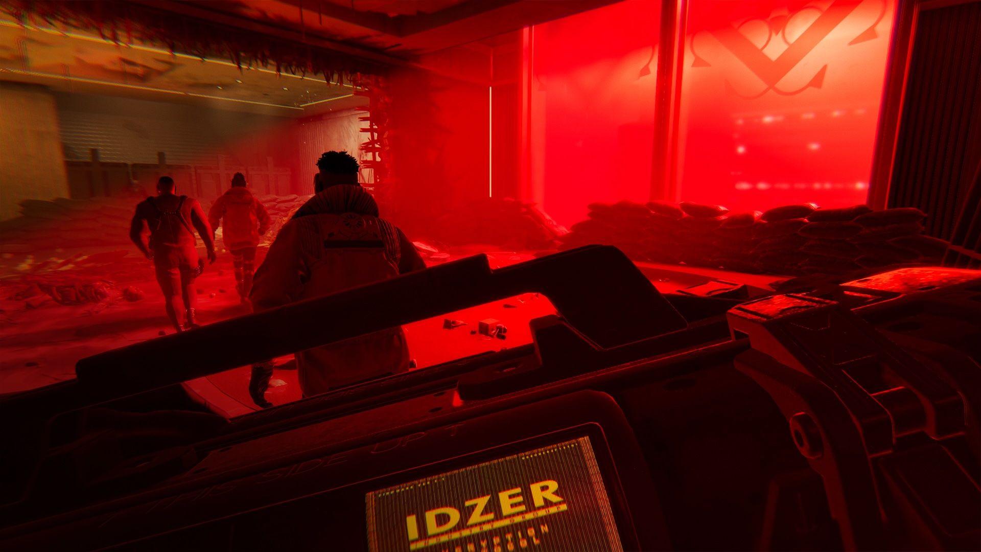 a group of people walking across a destroyed room with a red light beaming from a window
